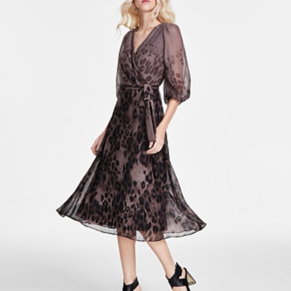 DKNY Black and Brown Animal Print Midi Dress - Picture 1 of 5